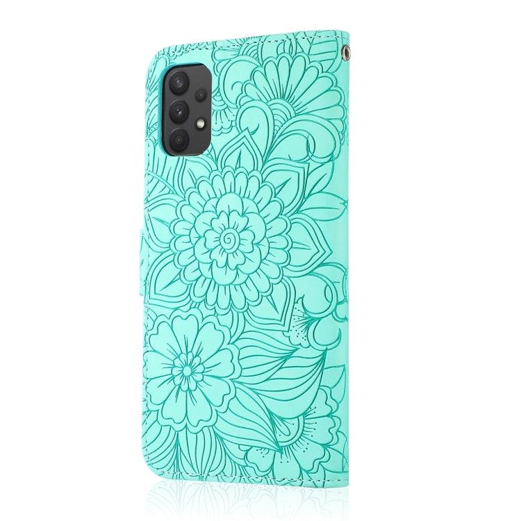 For Samsung Galaxy A32 4G Skin Feel Embossed Sunflower Horizontal Flip Leather Case with Holder & Card Slots & Wallet & Lanyard