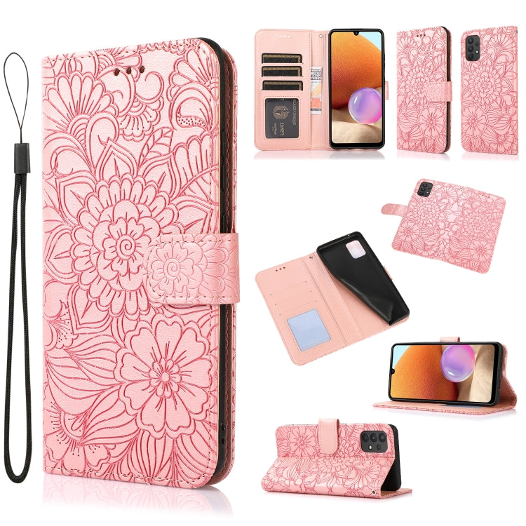 For Samsung Galaxy A32 4G Skin Feel Embossed Sunflower Horizontal Flip Leather Case with Holder & Card Slots & Wallet & Lanyard
