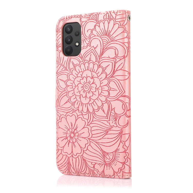 For Samsung Galaxy A32 4G Skin Feel Embossed Sunflower Horizontal Flip Leather Case with Holder & Card Slots & Wallet & Lanyard