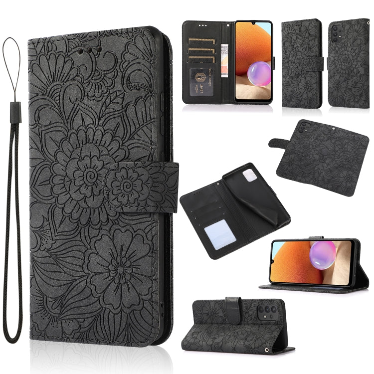 For Samsung Galaxy A32 4G Skin Feel Embossed Sunflower Horizontal Flip Leather Case with Holder & Card Slots & Wallet & Lanyard