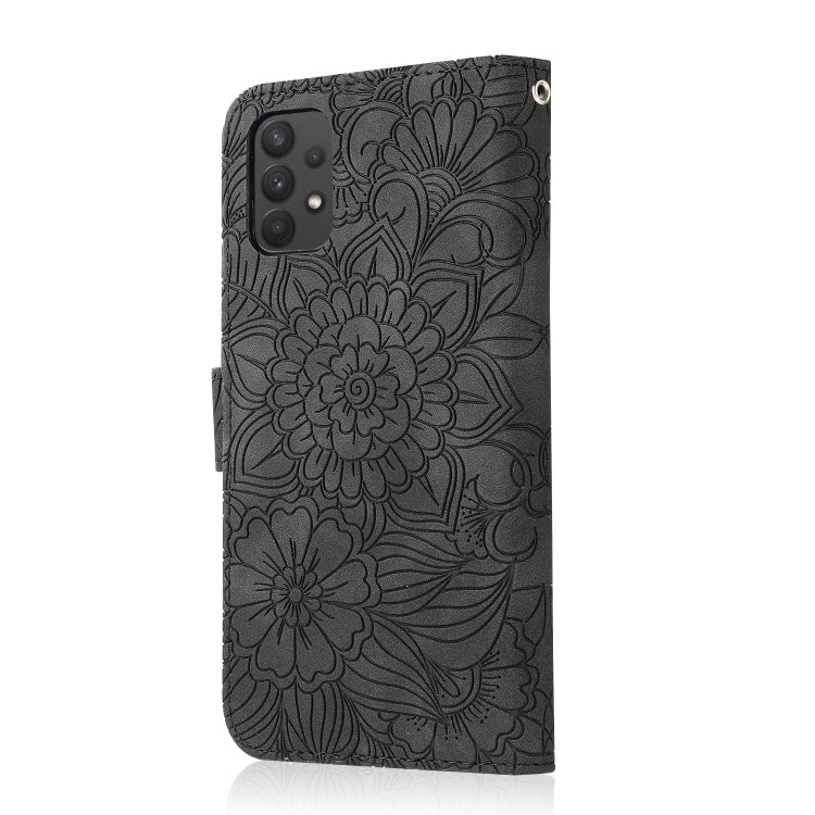 For Samsung Galaxy A32 4G Skin Feel Embossed Sunflower Horizontal Flip Leather Case with Holder & Card Slots & Wallet & Lanyard