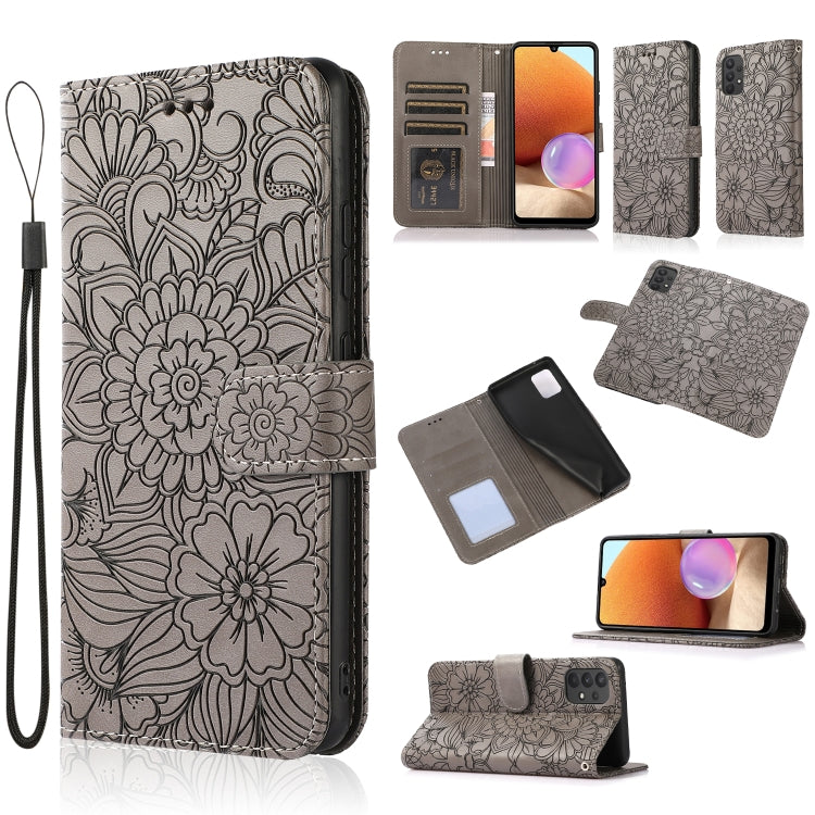 For Samsung Galaxy A32 4G Skin Feel Embossed Sunflower Horizontal Flip Leather Case with Holder & Card Slots & Wallet & Lanyard