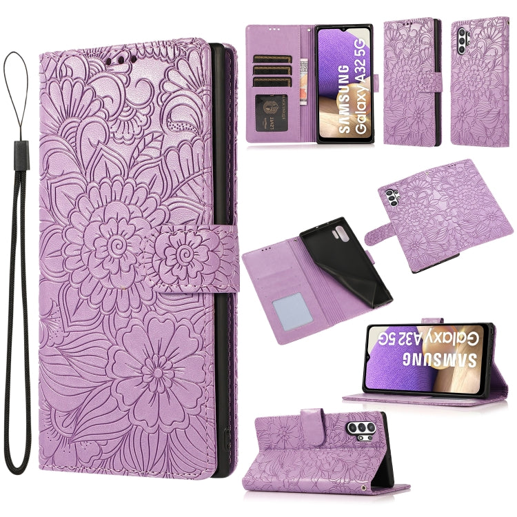 For Samsung Galaxy A32 5G Skin Feel Embossed Sunflower Horizontal Flip Leather Case with Holder & Card Slots & Wallet & Lanyard