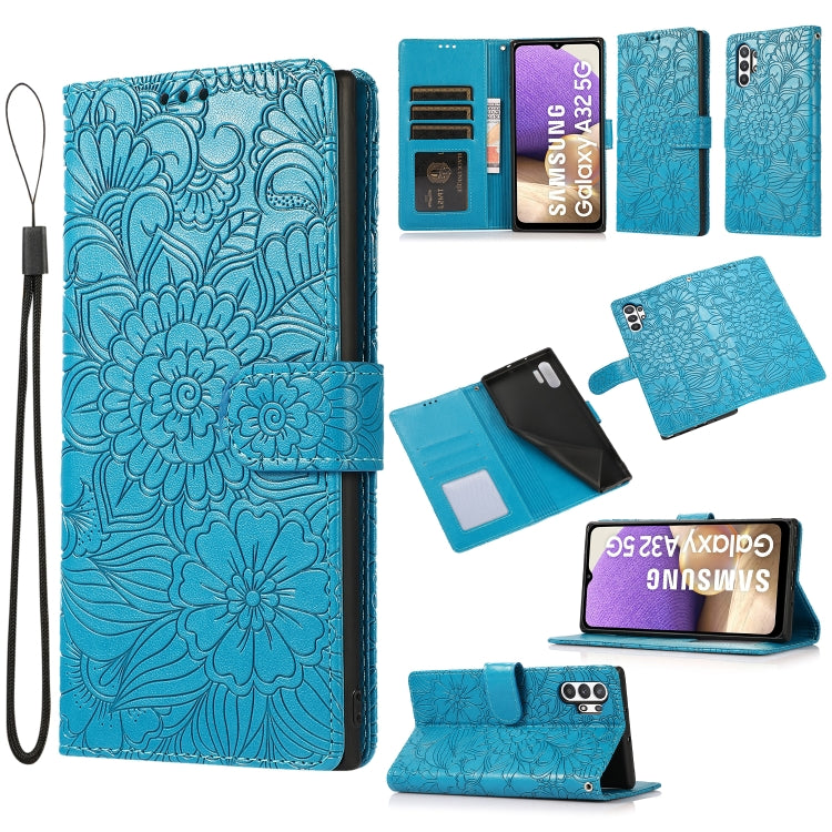 For Samsung Galaxy A32 5G Skin Feel Embossed Sunflower Horizontal Flip Leather Case with Holder & Card Slots & Wallet & Lanyard