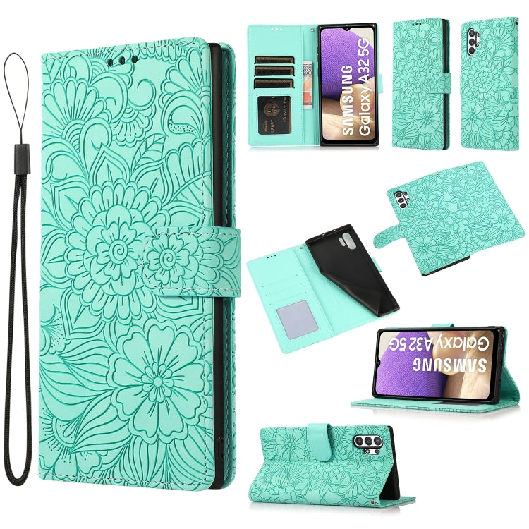 For Samsung Galaxy A32 5G Skin Feel Embossed Sunflower Horizontal Flip Leather Case with Holder & Card Slots & Wallet & Lanyard