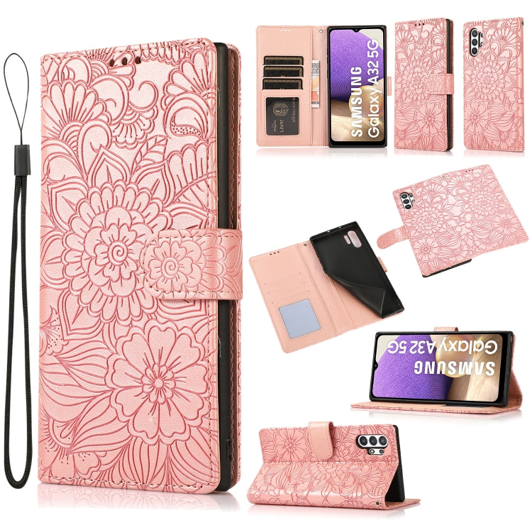 For Samsung Galaxy A32 5G Skin Feel Embossed Sunflower Horizontal Flip Leather Case with Holder & Card Slots & Wallet & Lanyard