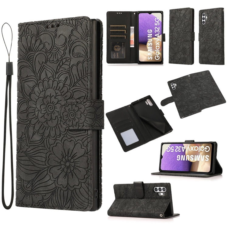 For Samsung Galaxy A32 5G Skin Feel Embossed Sunflower Horizontal Flip Leather Case with Holder & Card Slots & Wallet & Lanyard