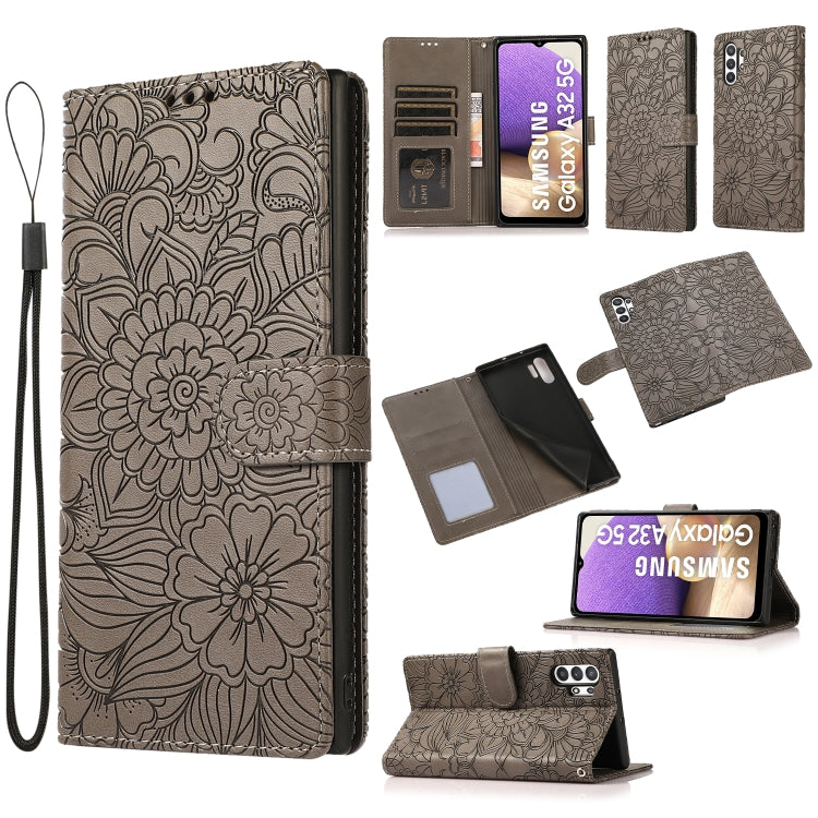 For Samsung Galaxy A32 5G Skin Feel Embossed Sunflower Horizontal Flip Leather Case with Holder & Card Slots & Wallet & Lanyard