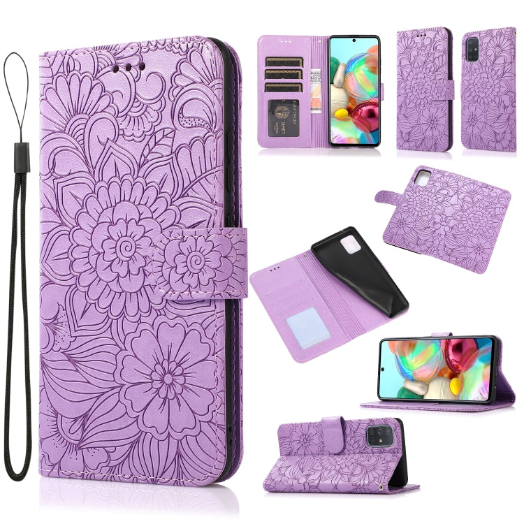 For Samsung Galaxy A71 Skin Feel Embossed Sunflower Horizontal Flip Leather Case with Holder & Card Slots & Wallet & Lanyard