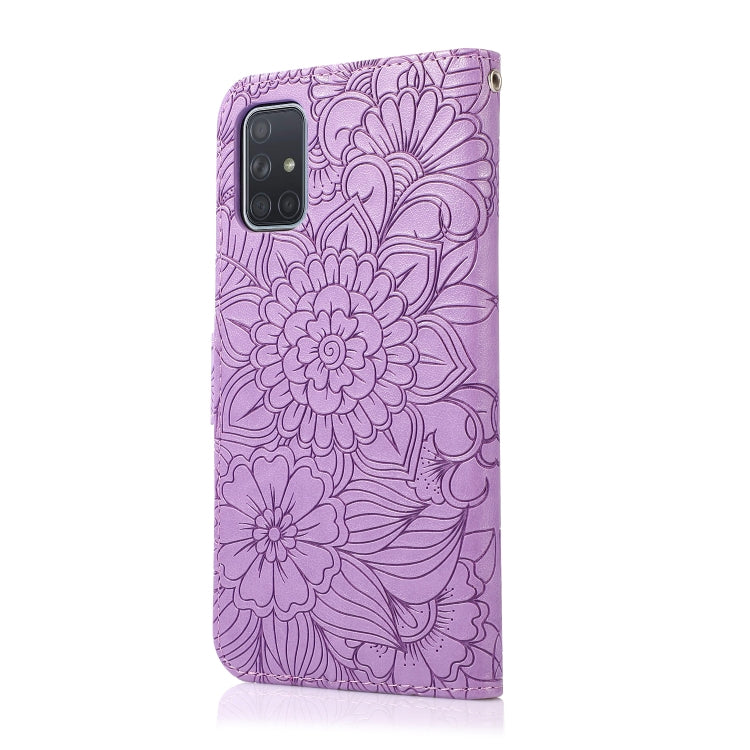 For Samsung Galaxy A71 Skin Feel Embossed Sunflower Horizontal Flip Leather Case with Holder & Card Slots & Wallet & Lanyard