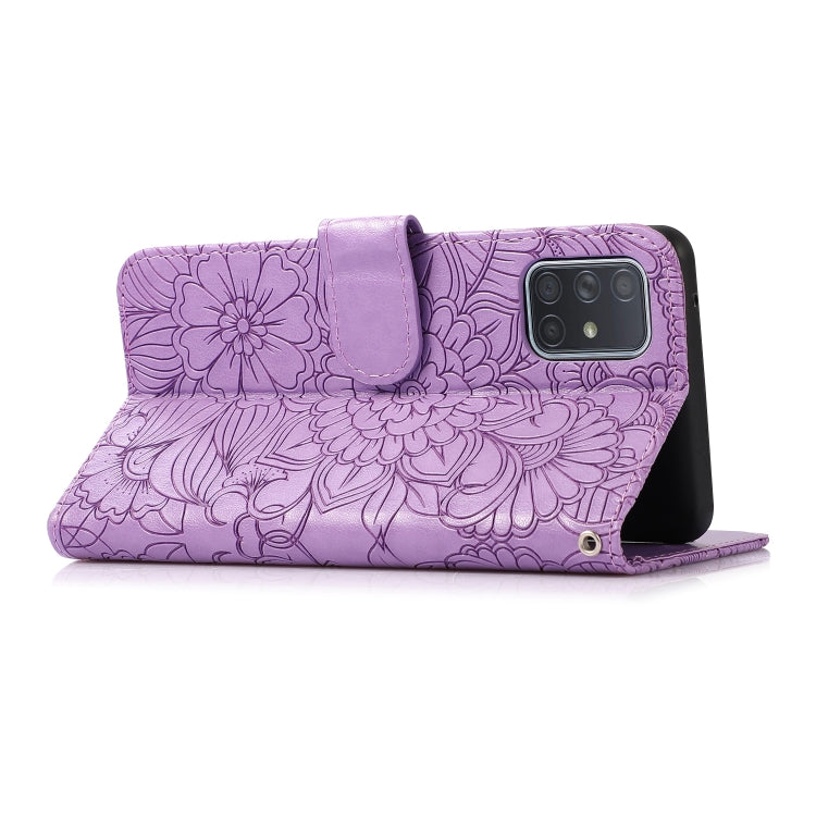 For Samsung Galaxy A71 Skin Feel Embossed Sunflower Horizontal Flip Leather Case with Holder & Card Slots & Wallet & Lanyard