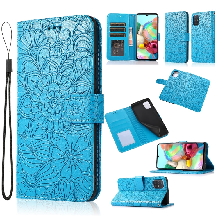 For Samsung Galaxy A71 Skin Feel Embossed Sunflower Horizontal Flip Leather Case with Holder & Card Slots & Wallet & Lanyard