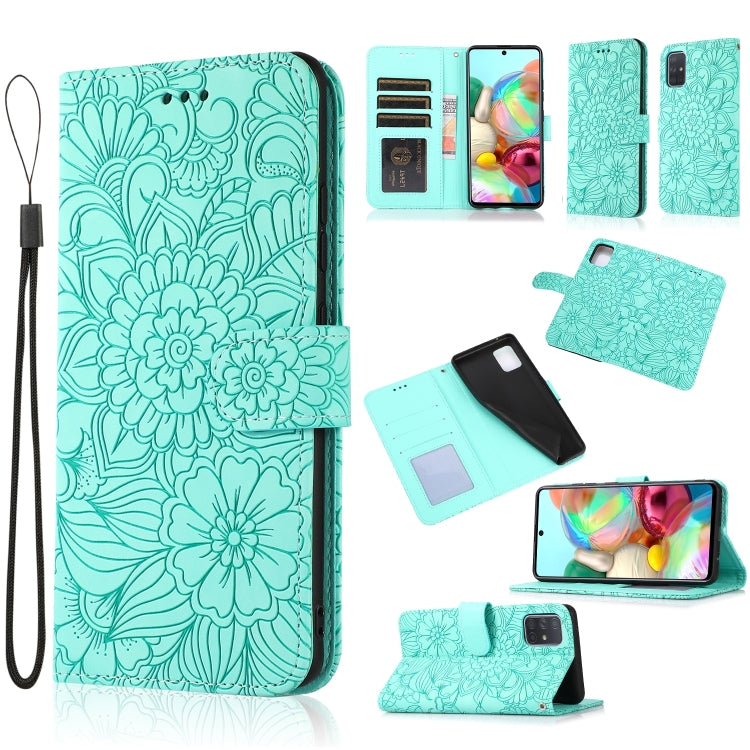 For Samsung Galaxy A71 Skin Feel Embossed Sunflower Horizontal Flip Leather Case with Holder & Card Slots & Wallet & Lanyard