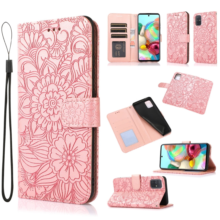For Samsung Galaxy A71 Skin Feel Embossed Sunflower Horizontal Flip Leather Case with Holder & Card Slots & Wallet & Lanyard