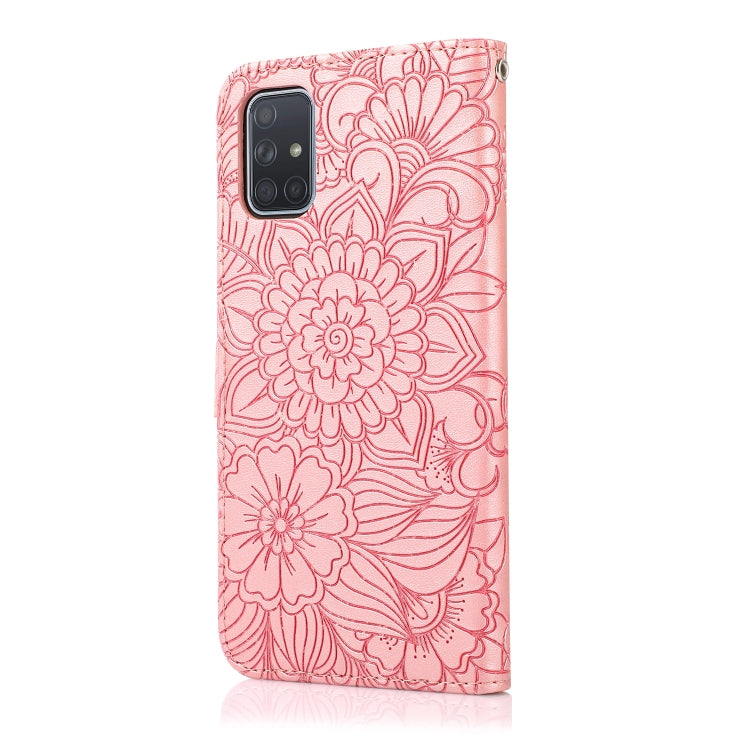 For Samsung Galaxy A71 Skin Feel Embossed Sunflower Horizontal Flip Leather Case with Holder & Card Slots & Wallet & Lanyard