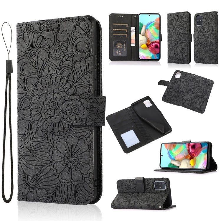 For Samsung Galaxy A71 Skin Feel Embossed Sunflower Horizontal Flip Leather Case with Holder & Card Slots & Wallet & Lanyard