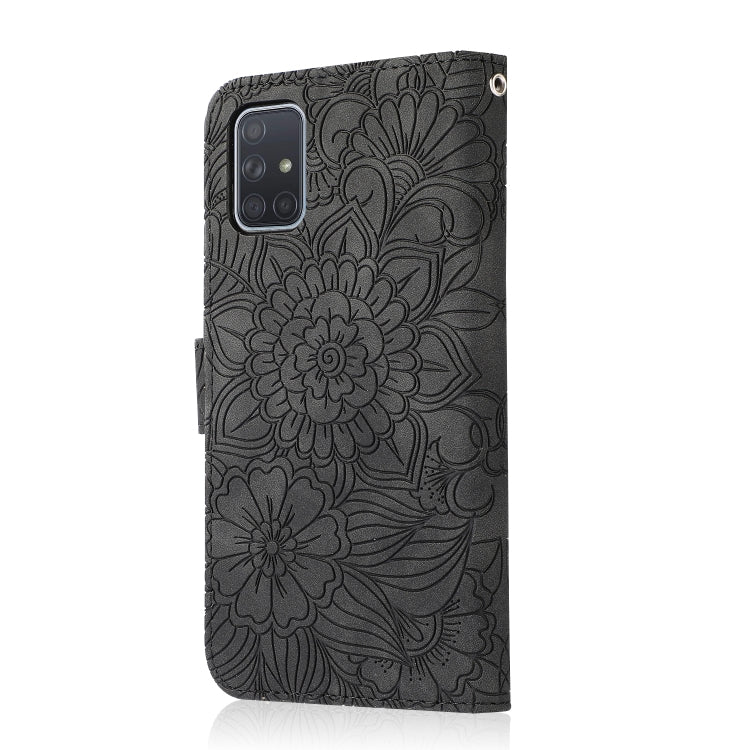 For Samsung Galaxy A71 Skin Feel Embossed Sunflower Horizontal Flip Leather Case with Holder & Card Slots & Wallet & Lanyard
