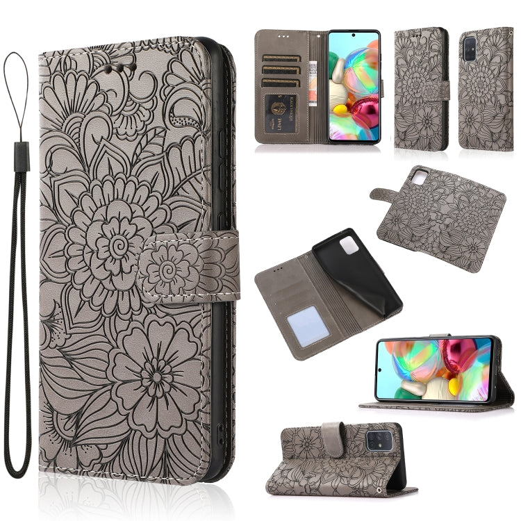 For Samsung Galaxy A71 Skin Feel Embossed Sunflower Horizontal Flip Leather Case with Holder & Card Slots & Wallet & Lanyard