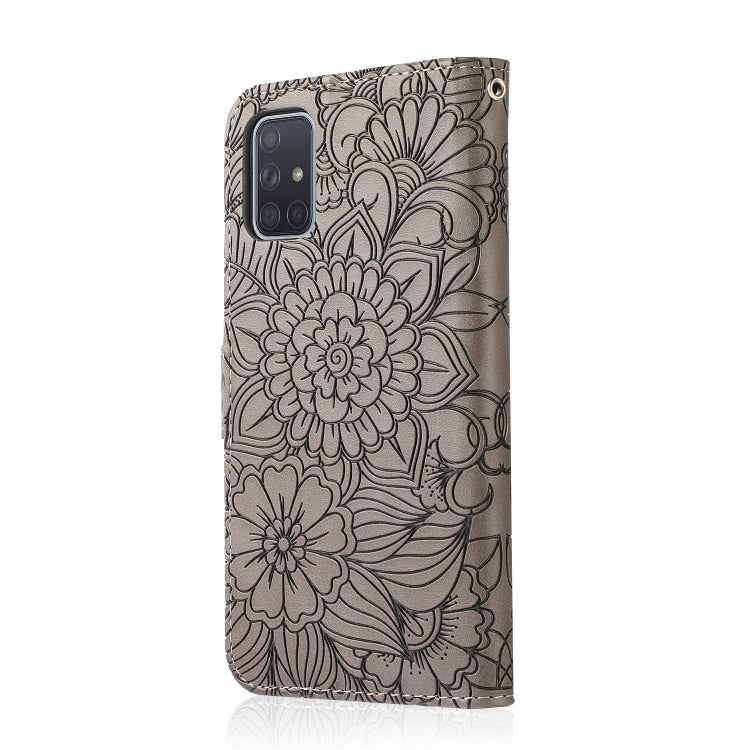 For Samsung Galaxy A71 Skin Feel Embossed Sunflower Horizontal Flip Leather Case with Holder & Card Slots & Wallet & Lanyard