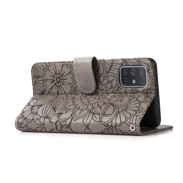 For Samsung Galaxy A71 Skin Feel Embossed Sunflower Horizontal Flip Leather Case with Holder & Card Slots & Wallet & Lanyard