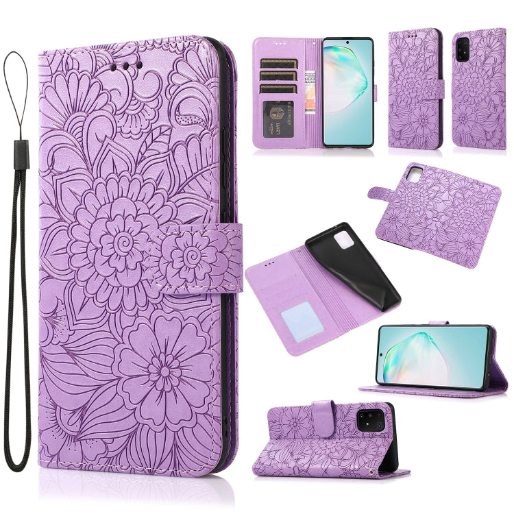 For Samsung Galaxy A91 Skin Feel Embossed Sunflower Horizontal Flip Leather Case with Holder & Card Slots & Wallet & Lanyard