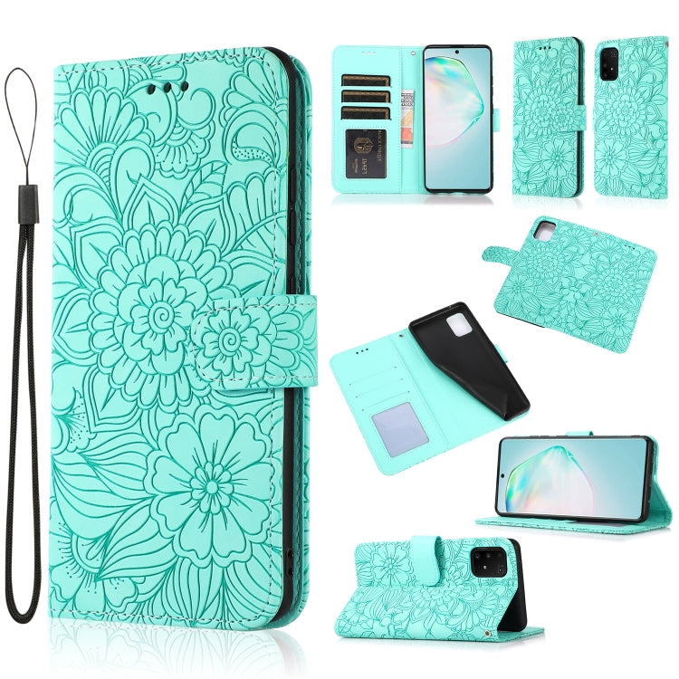 For Samsung Galaxy A91 Skin Feel Embossed Sunflower Horizontal Flip Leather Case with Holder & Card Slots & Wallet & Lanyard