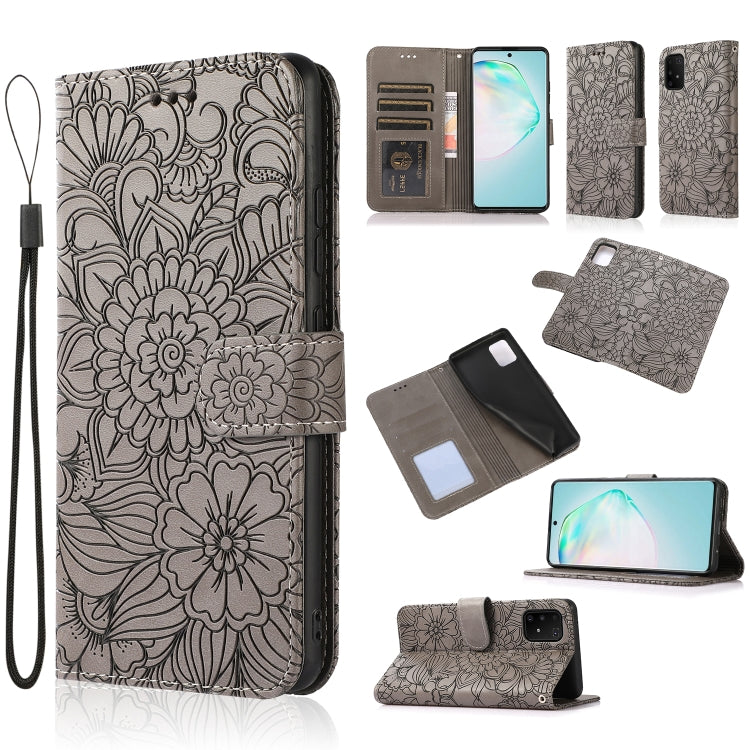 For Samsung Galaxy A91 Skin Feel Embossed Sunflower Horizontal Flip Leather Case with Holder & Card Slots & Wallet & Lanyard