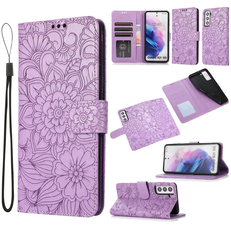 For Samsung Galaxy S21 5G Skin Feel Embossed Sunflower Horizontal Flip Leather Case with Holder & Card Slots & Wallet & Lanyard