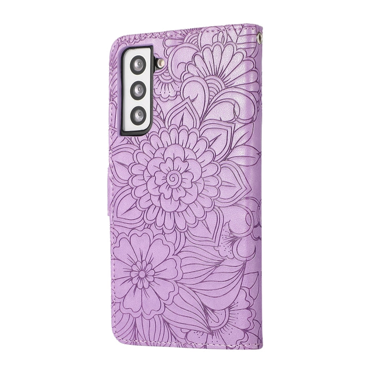For Samsung Galaxy S21 5G Skin Feel Embossed Sunflower Horizontal Flip Leather Case with Holder & Card Slots & Wallet & Lanyard