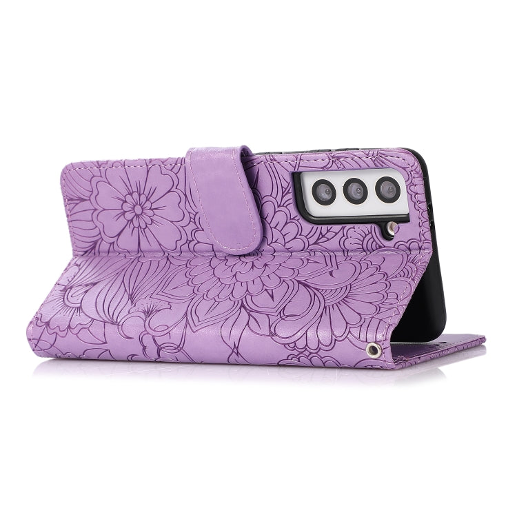 For Samsung Galaxy S21 5G Skin Feel Embossed Sunflower Horizontal Flip Leather Case with Holder & Card Slots & Wallet & Lanyard