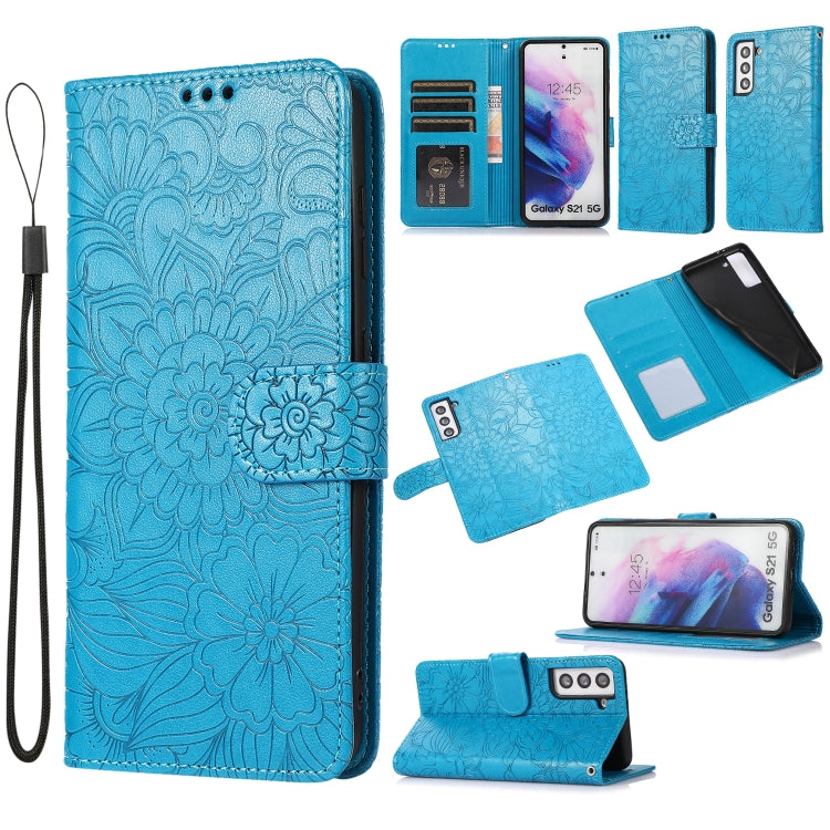 For Samsung Galaxy S21 5G Skin Feel Embossed Sunflower Horizontal Flip Leather Case with Holder & Card Slots & Wallet & Lanyard