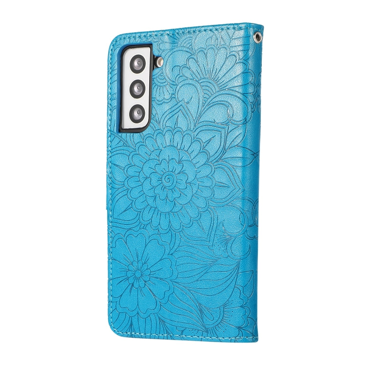For Samsung Galaxy S21 5G Skin Feel Embossed Sunflower Horizontal Flip Leather Case with Holder & Card Slots & Wallet & Lanyard
