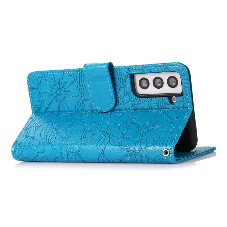 For Samsung Galaxy S21 5G Skin Feel Embossed Sunflower Horizontal Flip Leather Case with Holder & Card Slots & Wallet & Lanyard