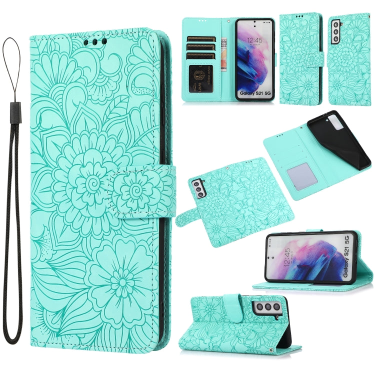 For Samsung Galaxy S21 5G Skin Feel Embossed Sunflower Horizontal Flip Leather Case with Holder & Card Slots & Wallet & Lanyard