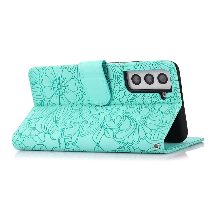 For Samsung Galaxy S21 5G Skin Feel Embossed Sunflower Horizontal Flip Leather Case with Holder & Card Slots & Wallet & Lanyard