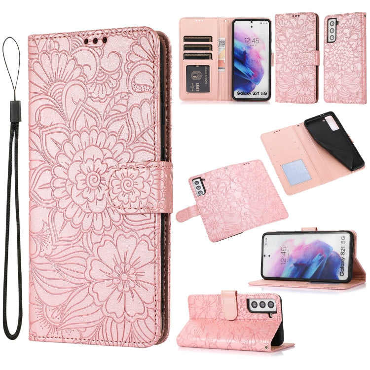 For Samsung Galaxy S21 5G Skin Feel Embossed Sunflower Horizontal Flip Leather Case with Holder & Card Slots & Wallet & Lanyard