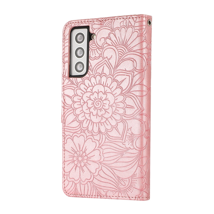 For Samsung Galaxy S21 5G Skin Feel Embossed Sunflower Horizontal Flip Leather Case with Holder & Card Slots & Wallet & Lanyard