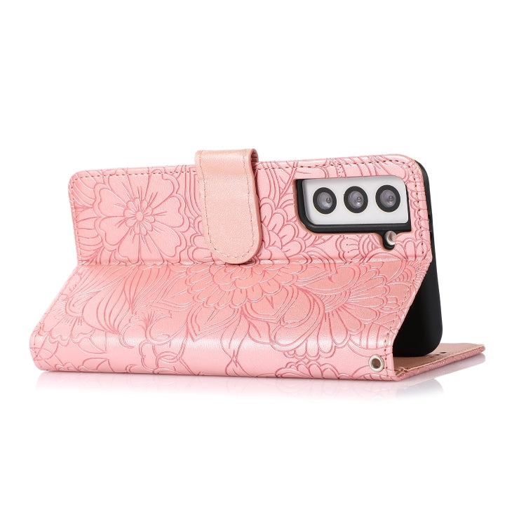 For Samsung Galaxy S21 5G Skin Feel Embossed Sunflower Horizontal Flip Leather Case with Holder & Card Slots & Wallet & Lanyard