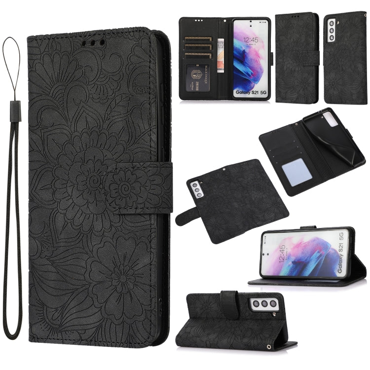 For Samsung Galaxy S21 5G Skin Feel Embossed Sunflower Horizontal Flip Leather Case with Holder & Card Slots & Wallet & Lanyard