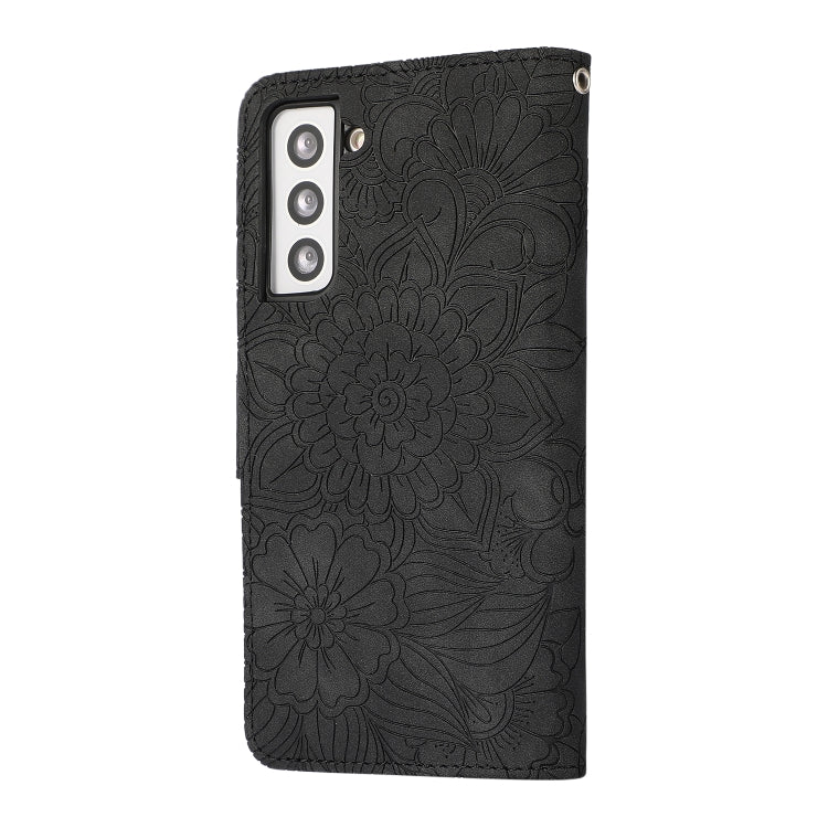 For Samsung Galaxy S21 5G Skin Feel Embossed Sunflower Horizontal Flip Leather Case with Holder & Card Slots & Wallet & Lanyard