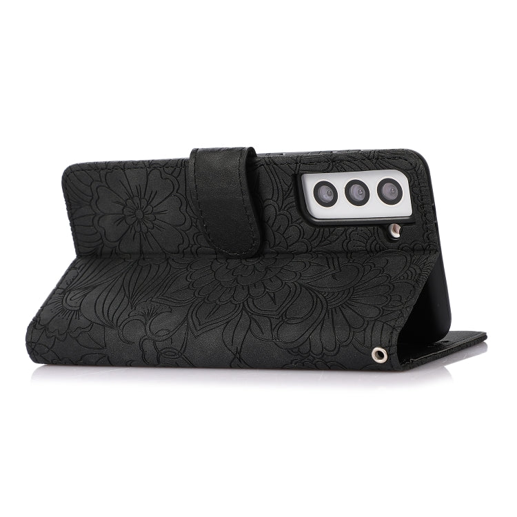 For Samsung Galaxy S21 5G Skin Feel Embossed Sunflower Horizontal Flip Leather Case with Holder & Card Slots & Wallet & Lanyard