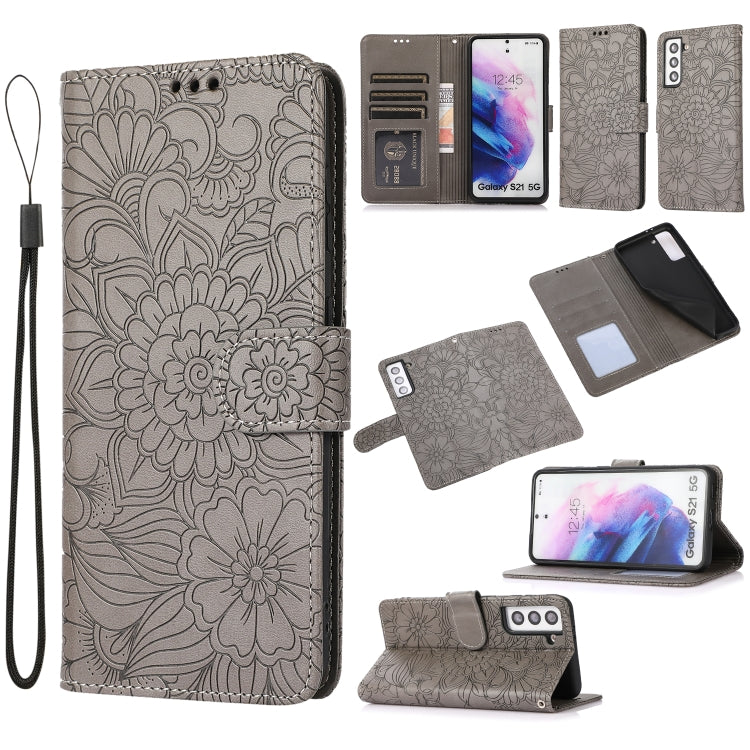 For Samsung Galaxy S21 5G Skin Feel Embossed Sunflower Horizontal Flip Leather Case with Holder & Card Slots & Wallet & Lanyard