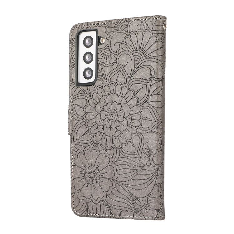 For Samsung Galaxy S21 5G Skin Feel Embossed Sunflower Horizontal Flip Leather Case with Holder & Card Slots & Wallet & Lanyard