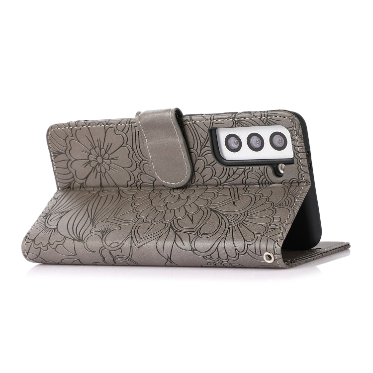 For Samsung Galaxy S21 5G Skin Feel Embossed Sunflower Horizontal Flip Leather Case with Holder & Card Slots & Wallet & Lanyard