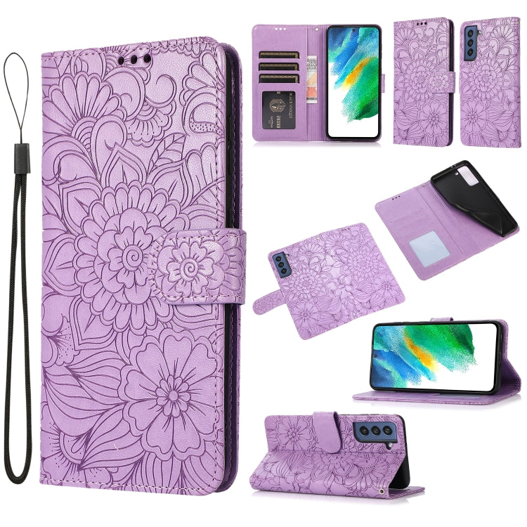 For Samsung Galaxy S21 FE Skin Feel Embossed Sunflower Horizontal Flip Leather Case with Holder & Card Slots & Wallet & Lanyard