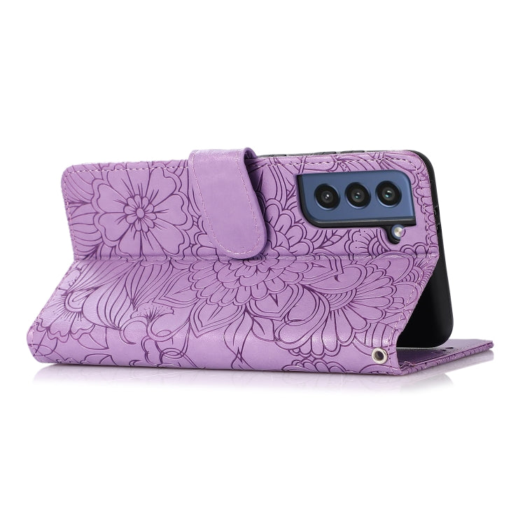 For Samsung Galaxy S21 FE Skin Feel Embossed Sunflower Horizontal Flip Leather Case with Holder & Card Slots & Wallet & Lanyard