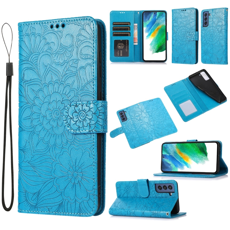 For Samsung Galaxy S21 FE Skin Feel Embossed Sunflower Horizontal Flip Leather Case with Holder & Card Slots & Wallet & Lanyard