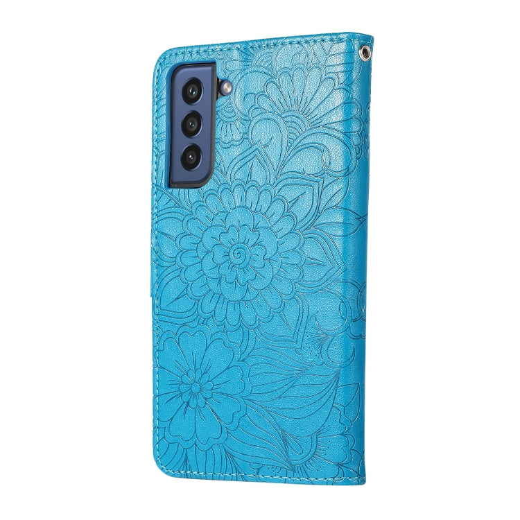For Samsung Galaxy S21 FE Skin Feel Embossed Sunflower Horizontal Flip Leather Case with Holder & Card Slots & Wallet & Lanyard