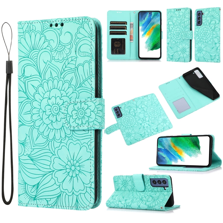 For Samsung Galaxy S21 FE Skin Feel Embossed Sunflower Horizontal Flip Leather Case with Holder & Card Slots & Wallet & Lanyard