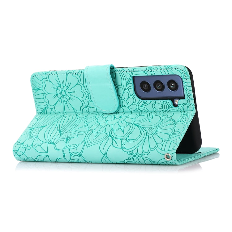 For Samsung Galaxy S21 FE Skin Feel Embossed Sunflower Horizontal Flip Leather Case with Holder & Card Slots & Wallet & Lanyard